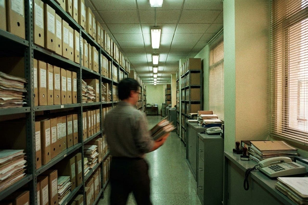 Pasillo de archivo de un edificio administrativo español de los años noventa, con estanterías metálicas repletas de cajas de expedientes y montones de papel. Un funcionario camina de espaldas cargando carpetas y sale movido por el barrido de la cámara.