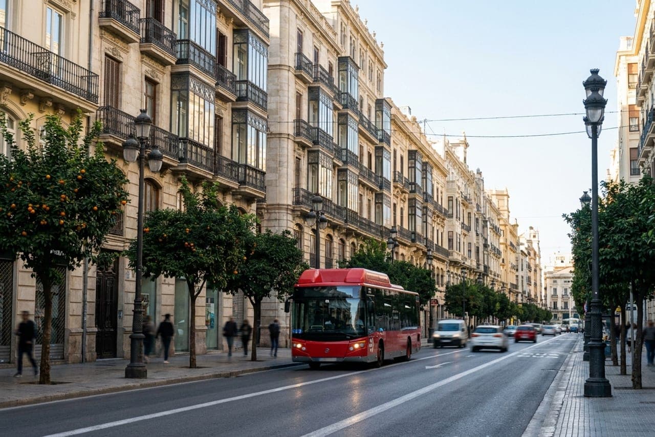 Una calle señorial del centro de València con naranjos y farolas de fundición. Un autobús urbano rojo de la EMT circula por el carril bus hacia la cámara, nítido, mientras el resto del tráfico y los peatones salen movidos.